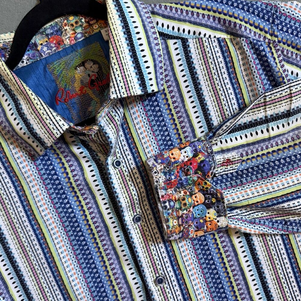 Robert Graham Mens XLT Skull Flip Cuff Button Up Shirt Multi Color Striped